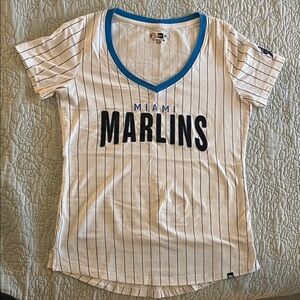 New Era Miami Marlins Women's Striped V-Neck Tee - White and Blue
